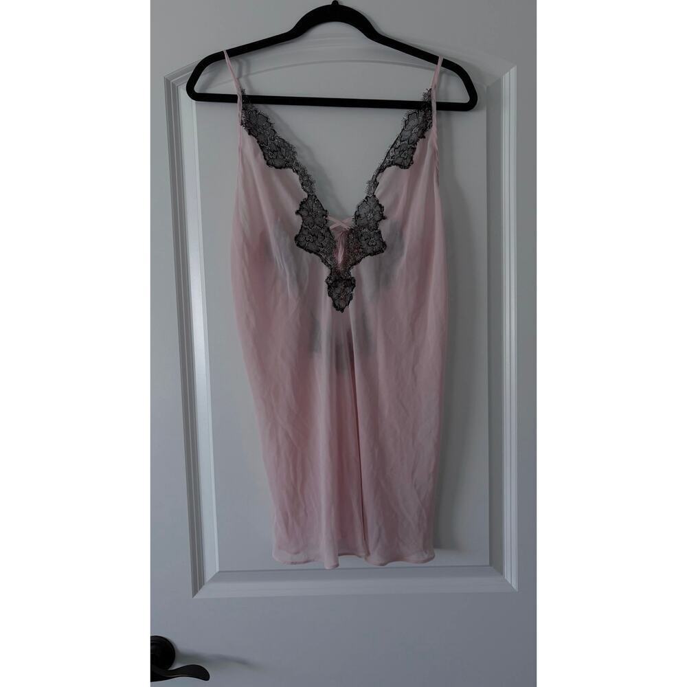 Pink Sheer Satin Lace Chemise Slip Dress Black Floral Trim Lingerie M Softgirl